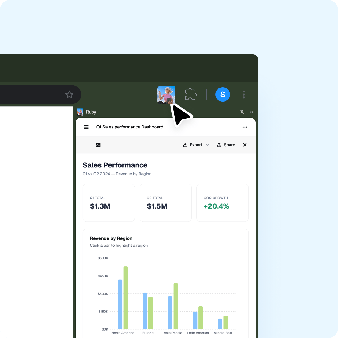Chrome extension preview showing Ruby AI assistant in browser
